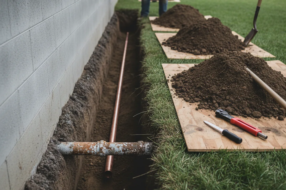 Excavated water line trench during Sewer Line Repair in Frankenmuth